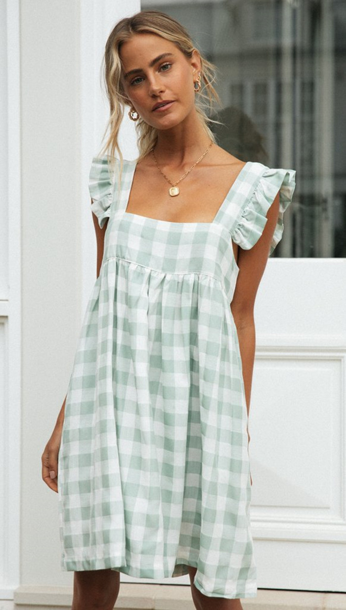 ruffle sling square neck backless loose plaid dress NSJKW133793