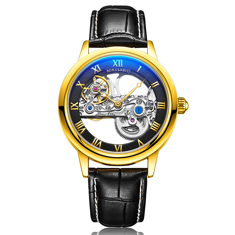 Ogulas AOKULASIC reloj mecánico automático para hombre hollow-out transparent flywheel Belt reloj 5003G