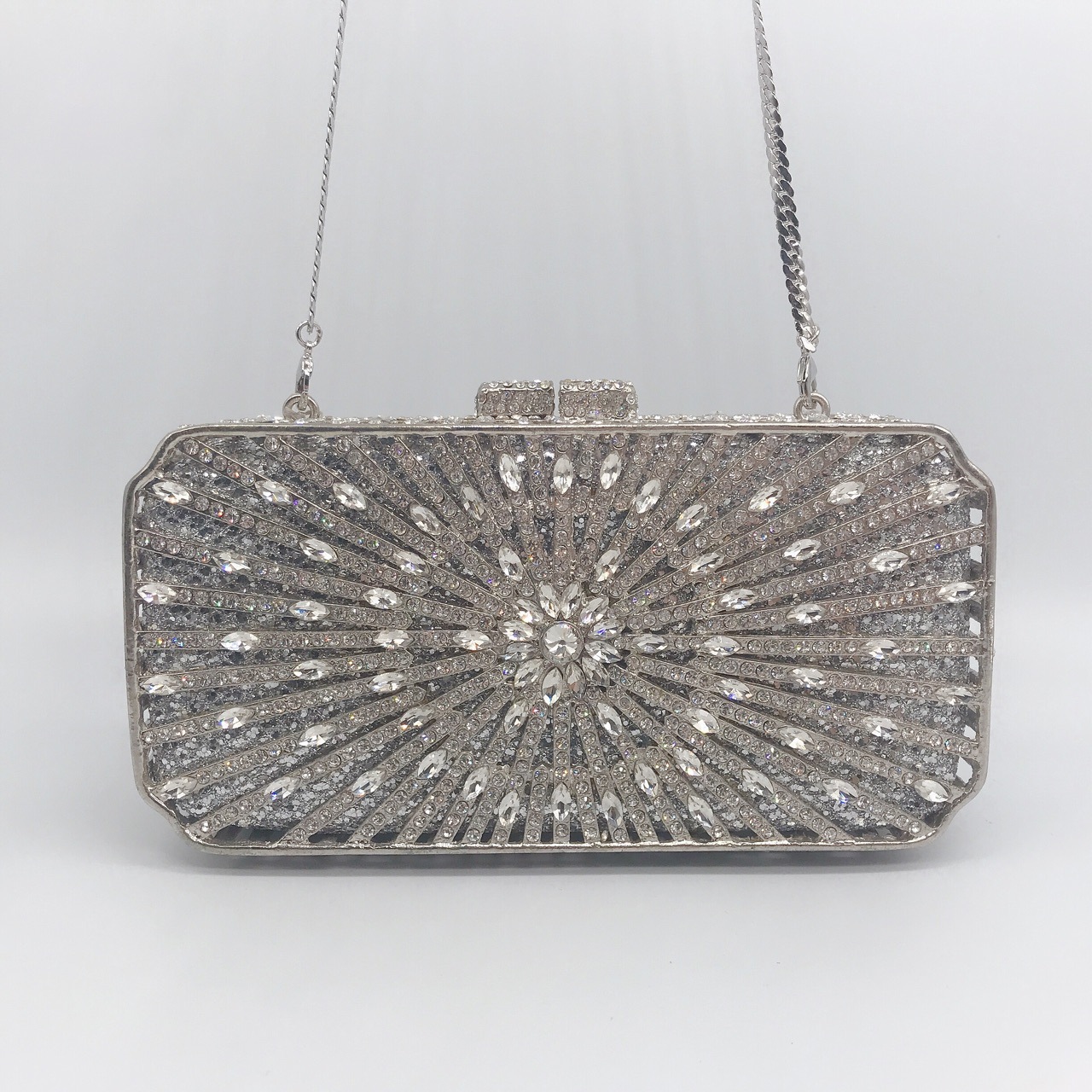 Túi clutch nữ đính đá dạ hội hộp kim loại khung cứng — bạc chi tiết 8