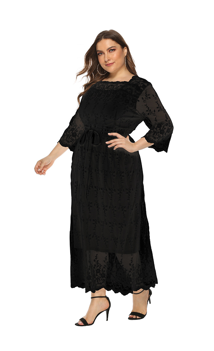 plus size lace mid-sleeve round neck long dress  NSJR52681