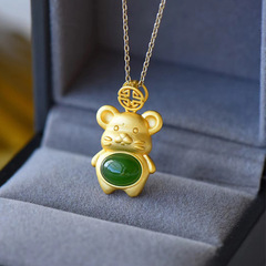 淘寶天貓熱賣本命年生肖鼠綠玉吊墜越南沙金可愛胖胖鼠綠玉髓項鍊