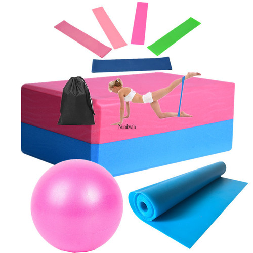 Nine-piece set of yoga bricks, two-color exercise bricks, latex butt abuse rings, 5-piece set, 25cm yoga balls, yoga elastic bands