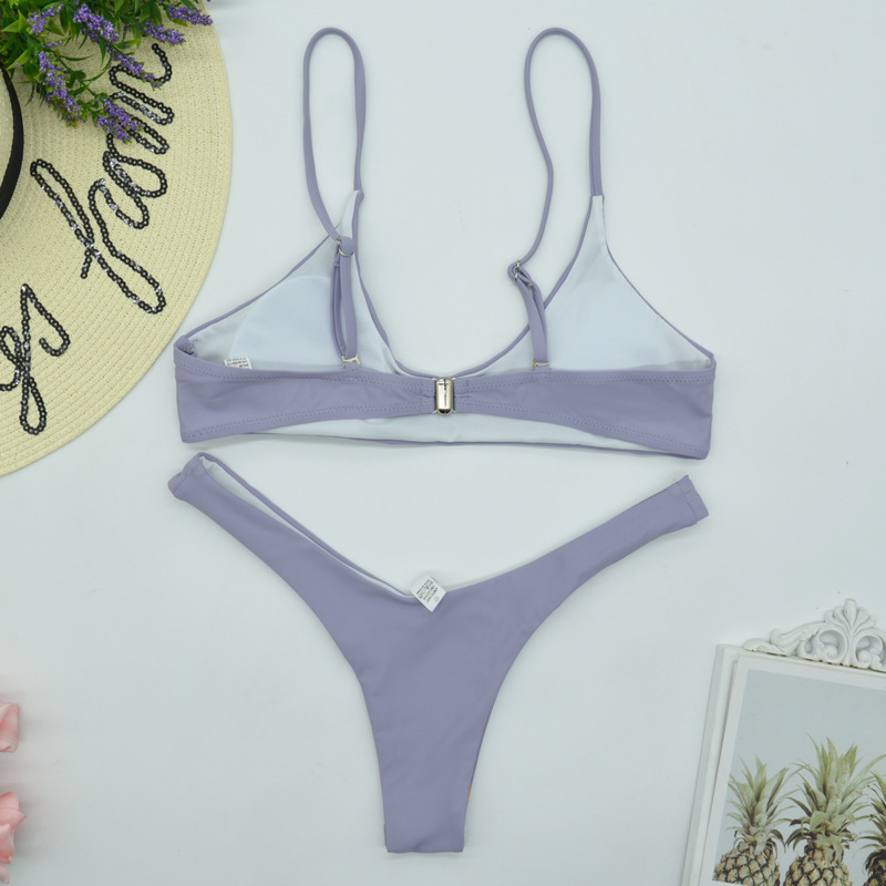 Sexy Two Piece Bikini Set For Women Solid Colour Triangle Swimsuit_voghion.com