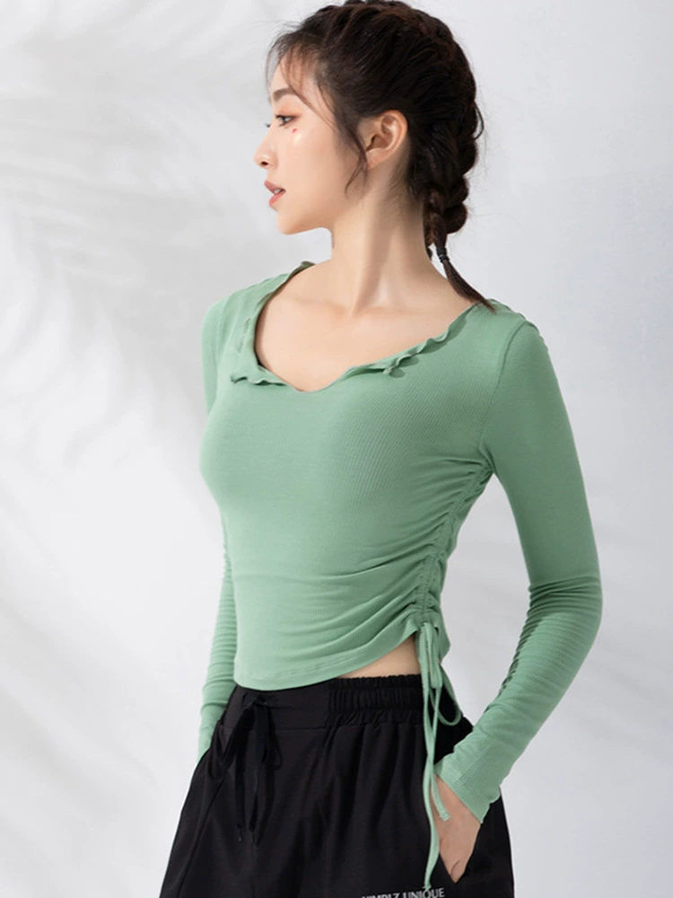 Sexy sports belt, T-shirt, elastic quick dry long-sleeve for yoga for gym, tight, for running, fitted, autumn, internet celebrity