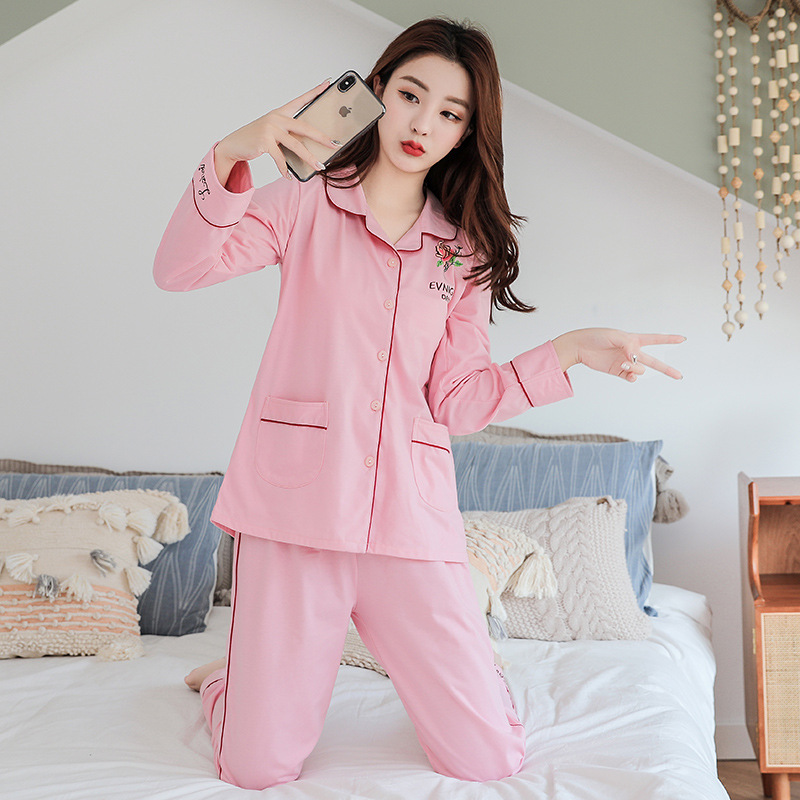 Pijamas de manga larga para mujer primavera nuevo 100% algodón coreano de dibujos animados lindo cardigan primavera y otoño traje de algodón para el hogar