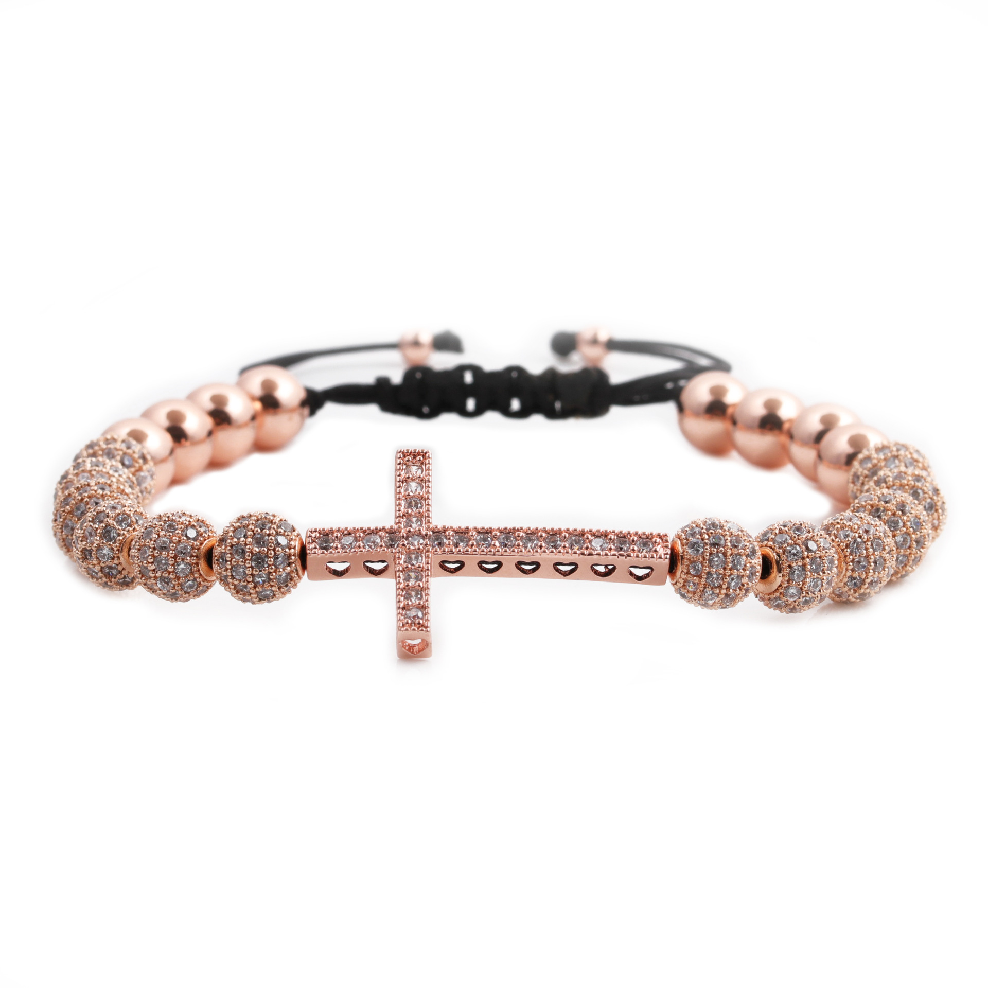 New Cross Micro-inlaid Zircon 8mm Diamond Ball 6mm Copper Bead Adjustable Bracelet display picture 1