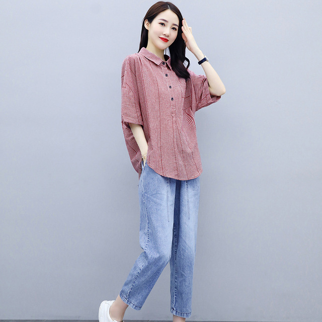 Short sleeve shirt summer Korean loose Plaid Shirt women personality back lace up women’s top