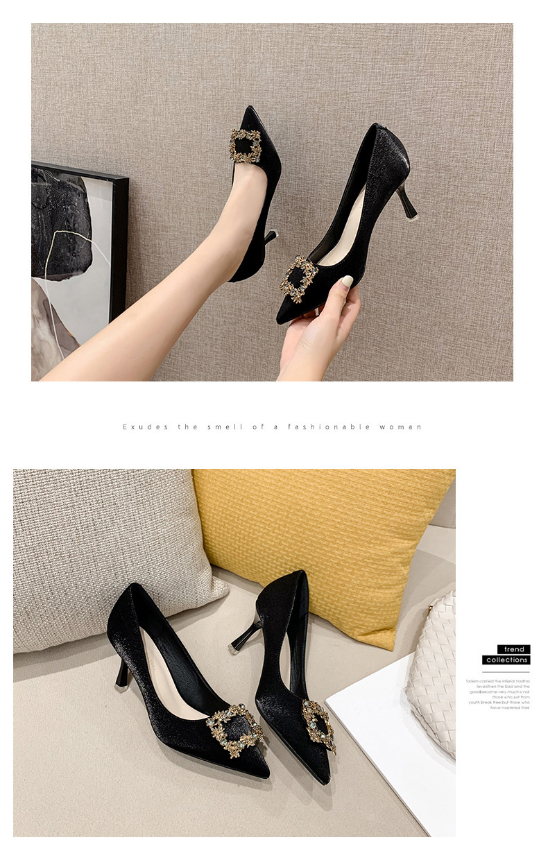 Giày cưới cô dâu phù dâu mũi nhọn đính đá hình vuông, gót 7 cm — Đỏ tía 5.5CM chi tiết 8