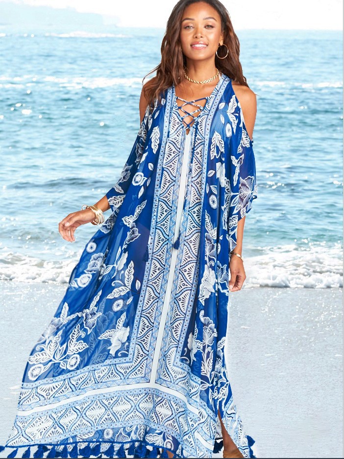 欧美风时尚跨境新款宽松沙滩罩衫度假沙滩裙比基尼性感流苏