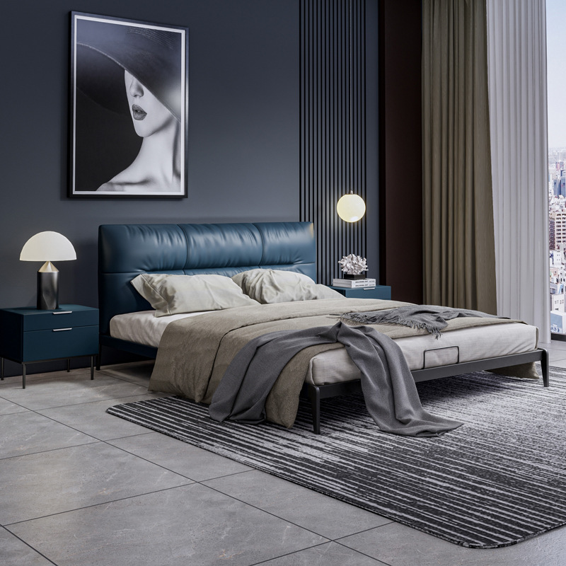 Cama de Cuero Genuino Yihai Xuan, Muebles de Dormitorio, Estructura de Hierro de 1.5 Metros, Cama de Cuero de Primera Calidad, Estilo Minimalista Italiano