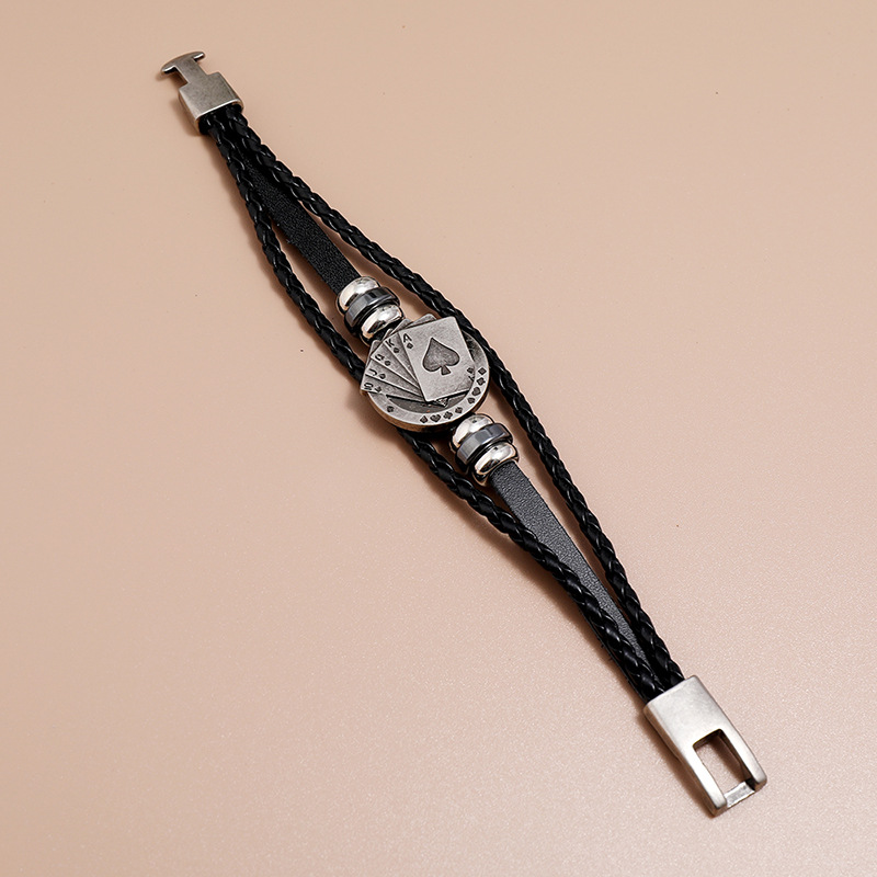 Fashion new braided alloy playing card beaded pair buckle leather bracelet