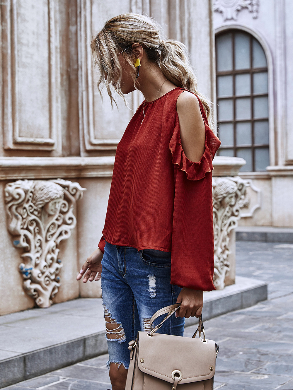 women's solid color long-sleeved women's loose strapless tops with puff sleeves NHDF48