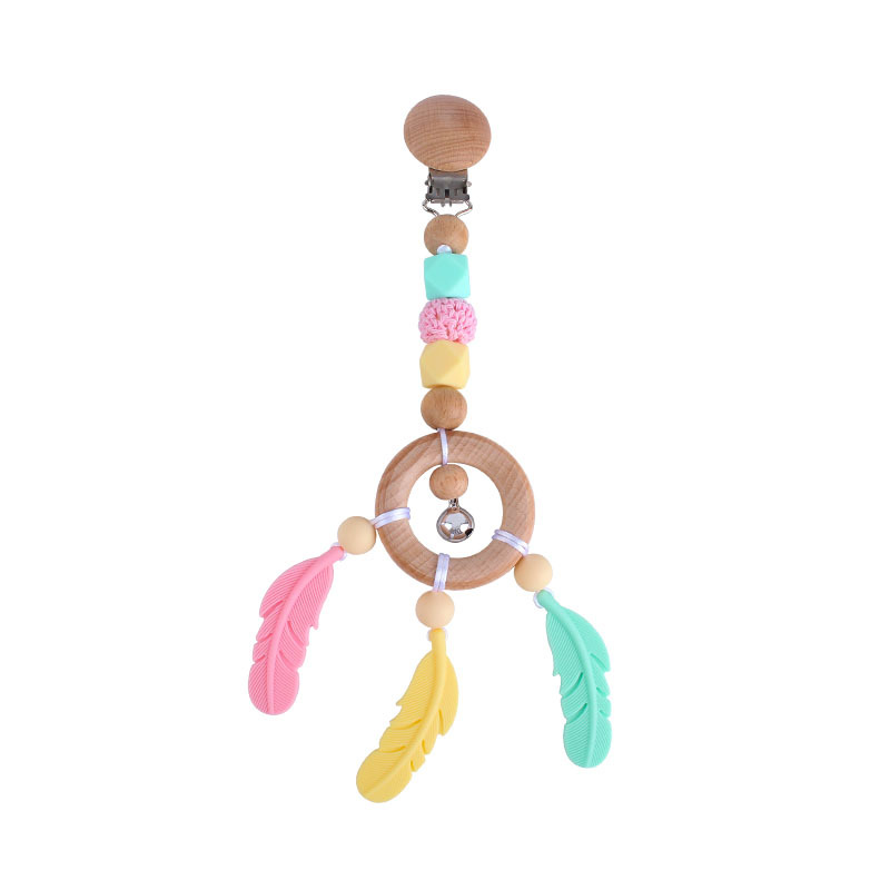 Bebé DIY creativo Beech anillo de juguete mordedor de dibujos animados pluma de silicona teether palo Pezón cadena anti-caída de la cadena Nuevo