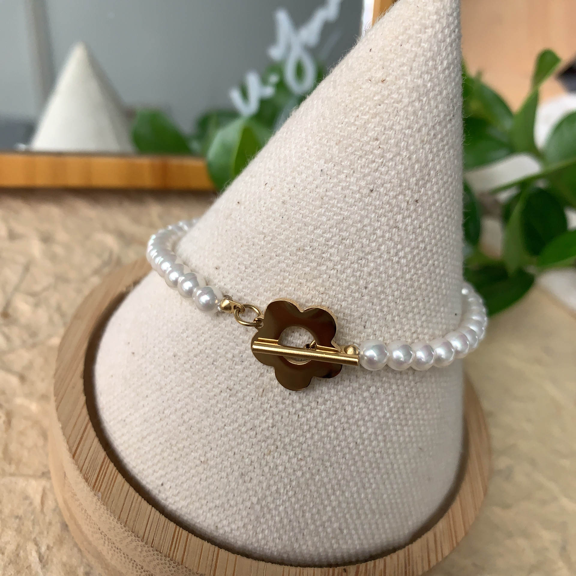 Fashion Flower Pearl Titanium Steel Beaded Plating Bracelets Necklace 1 Piece