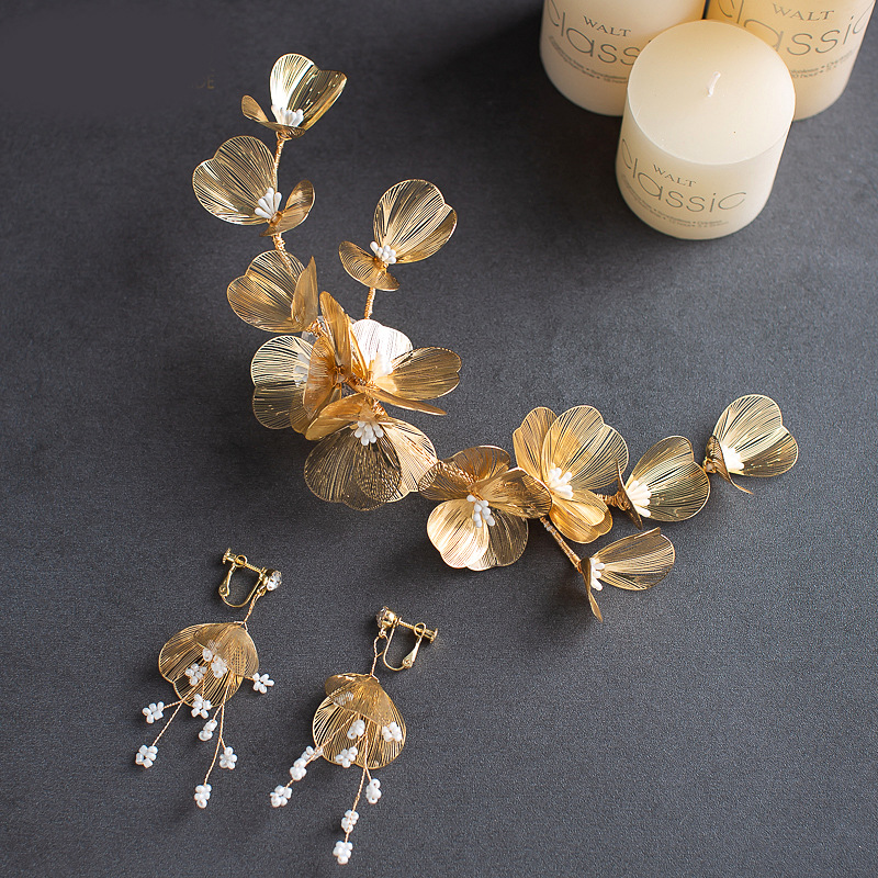 Barock Handgefertigte Blume Perle Quaste Ohrclip Stirnband Haarspange Zweiteiliges Set display picture 1