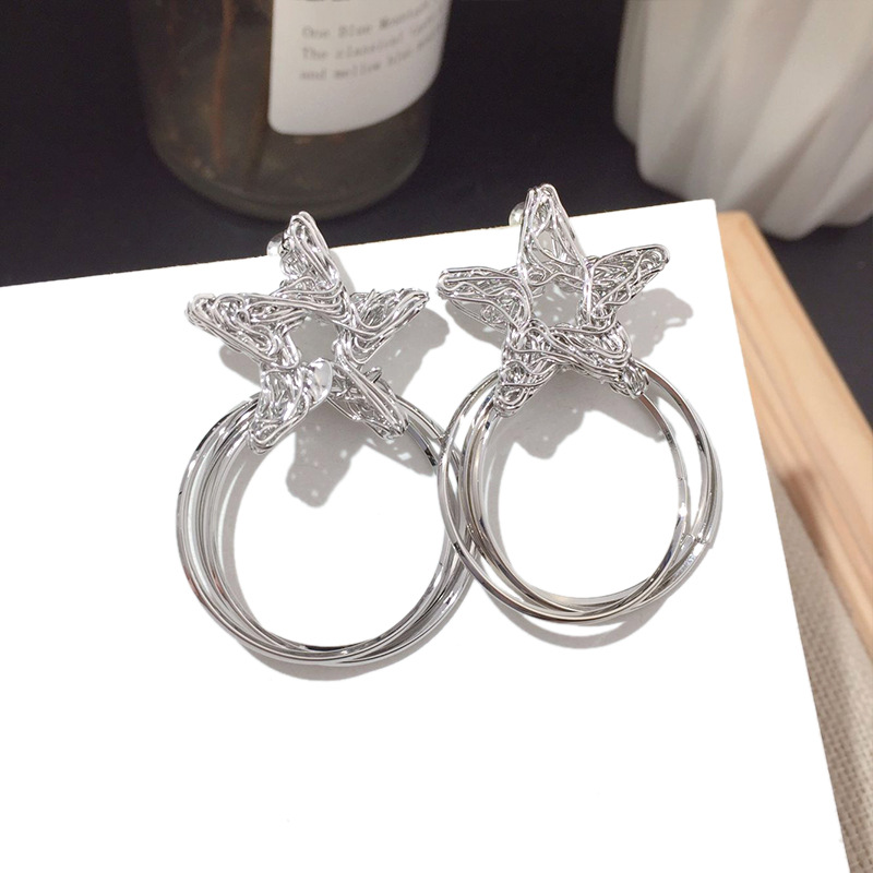 Korean New Fashion Five-pointed Star Circle Silver Needle Earrings Hip-hop Earrings Wholesale Nihaojewelry display picture 5