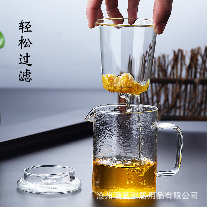 手作玻璃茶壺錘紋壺泡茶壺帶過濾茶壺三件式泡茶杯個人大號玻璃杯
