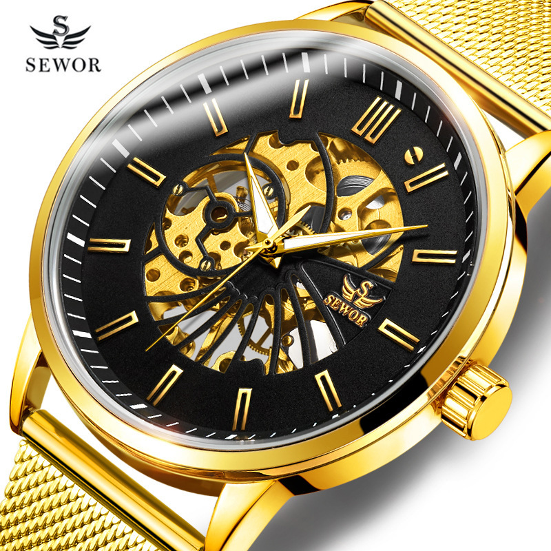 SEWOR moda de los hombres Milán malla reloj mecánico automático de negocios reloj mecánico hueco-fuera reloj transparente 1827