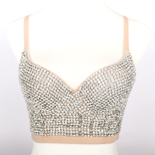 Women's Diamond bling jazz dance bra tops Nail bead bra suspender vest bright diamond Strapless top beauty back corset