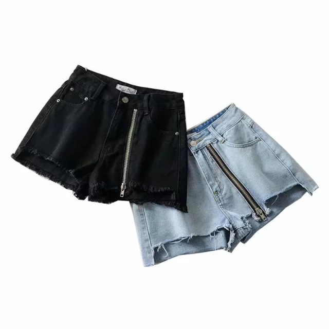 side zipper slit high-waisted raw-edge denim shorts  NSAC16284