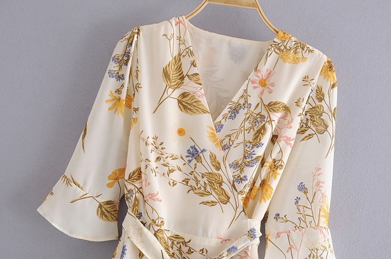 floral V-neck ruffle skirt 7-point sleeves dress NSAM4792