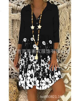 2020亚马逊爆版欧美春夏款印花衬衣翻领短袖宽松花卉中长连衣裙女