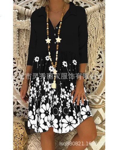 2020亚马逊爆版欧美春夏款印花衬衣翻领短袖宽松花卉中长连衣裙女