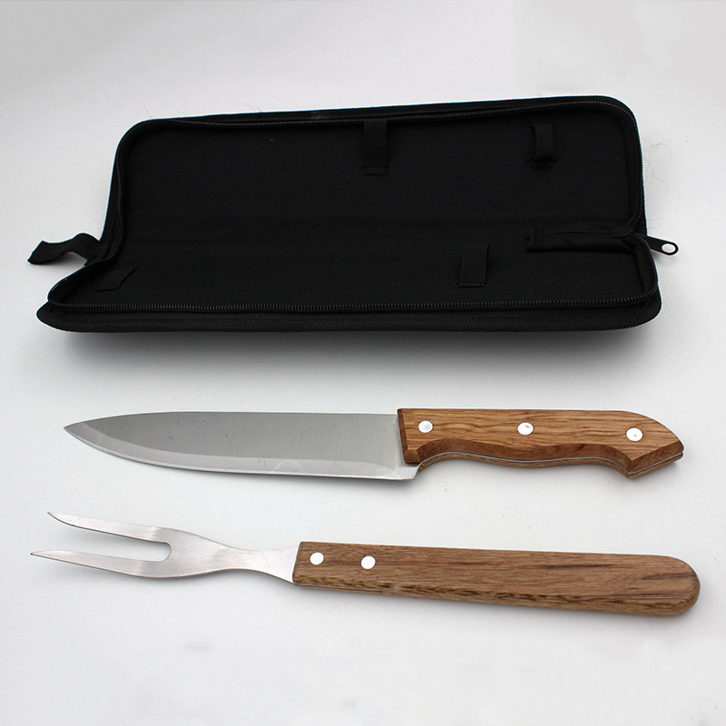 [Ventas directas de fábrica] conjunto de dos piezas de varios mango de madera cuchillo y tenedor Oxford bolsa traje de barbacoa herramienta de combinación