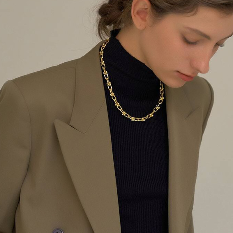 Fashion thick chain niche gold U-shaped lock copper necklace clavicle chain for women