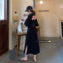 含棉设计开叉T新款时尚夏季女装镂空短袖连衣裙高腰中长款裙子