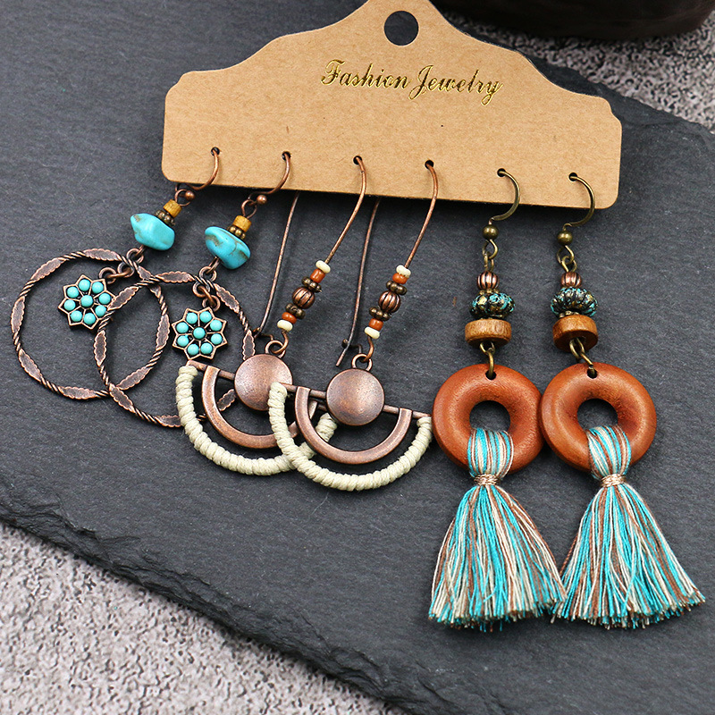 Retro Multi Pair One Card Earrings, European And American Geometric Metal Earrings, Tassel Earrings Set, 3 pieces, Wholesale To Europe And America