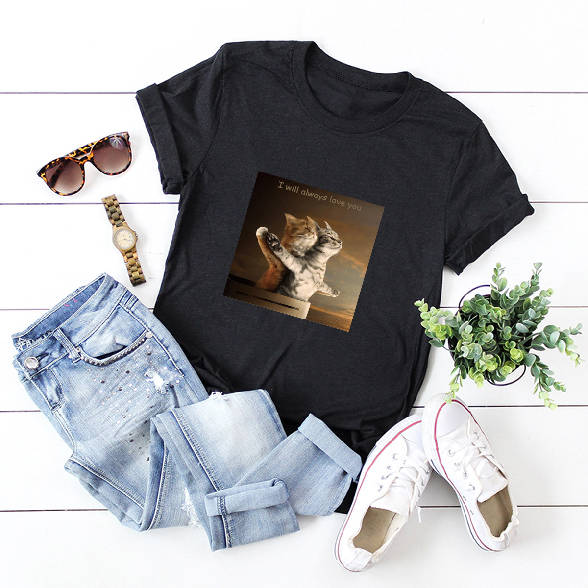 Camiseta de manga corta con gato divertido casual caliente para mujer NSSN897