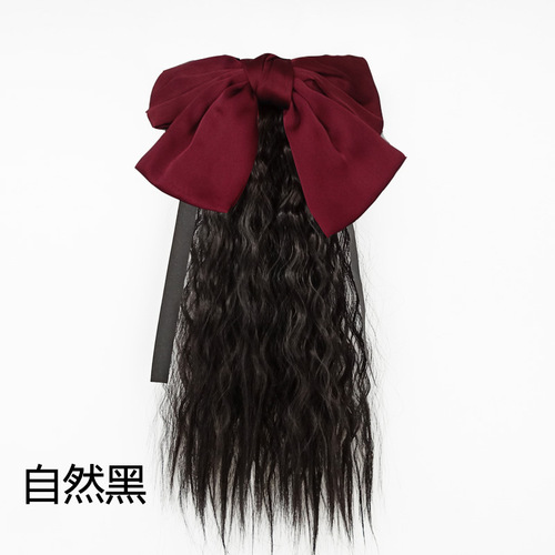 Child's Ponytail False Hair for Girls, Medium-Long Wavy Hair with Bow, False Hair with Ponytail Net, Celebrity Style Band Ponytail with Corn Waves