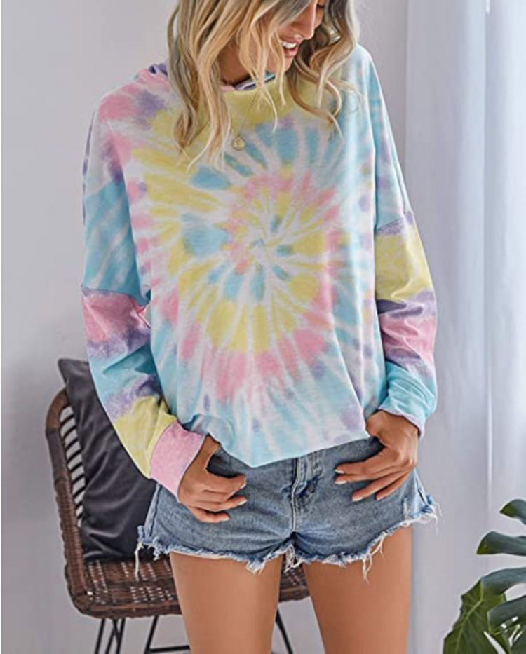 women s tie-dye printing hooded long-sleeved T-shirt sweater  NSYF841