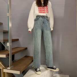 20221春秋网红新款复古高腰牛仔裤女宽松显瘦学生阔腿老爹裤长裤