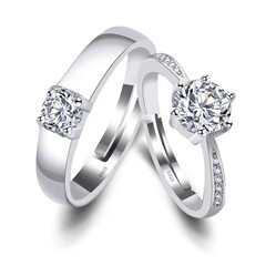Couple's Ring Six-claw Setting with Zirconia, Matched Couple's Bands, Japanese and Korean Simple Design, Adjustable Slip-on, Wedding Ring Jewelry, Wholesale