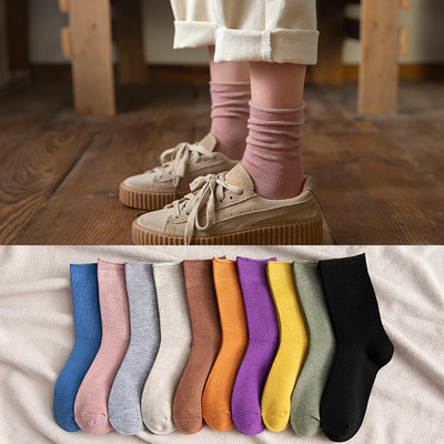 秋冬季新款袜子 女士卷边中筒袜子糖果色堆堆袜 日系学院风女袜|ru