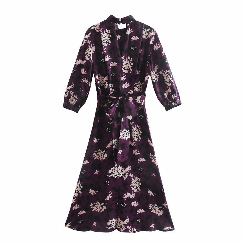 autumn and winter flower printing long lace-up dress  NSAM17575