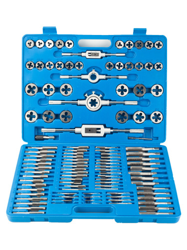 Complete set of tap and die set with 110 pieces, including taps, dies, tap wrench, and die holder