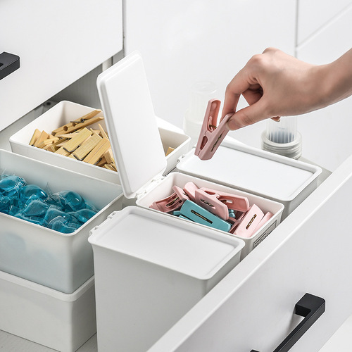 Laundry powder storage box with lid, plastic drawer, cupboard sub-package box, flip-top desktop trash can, debris organization box