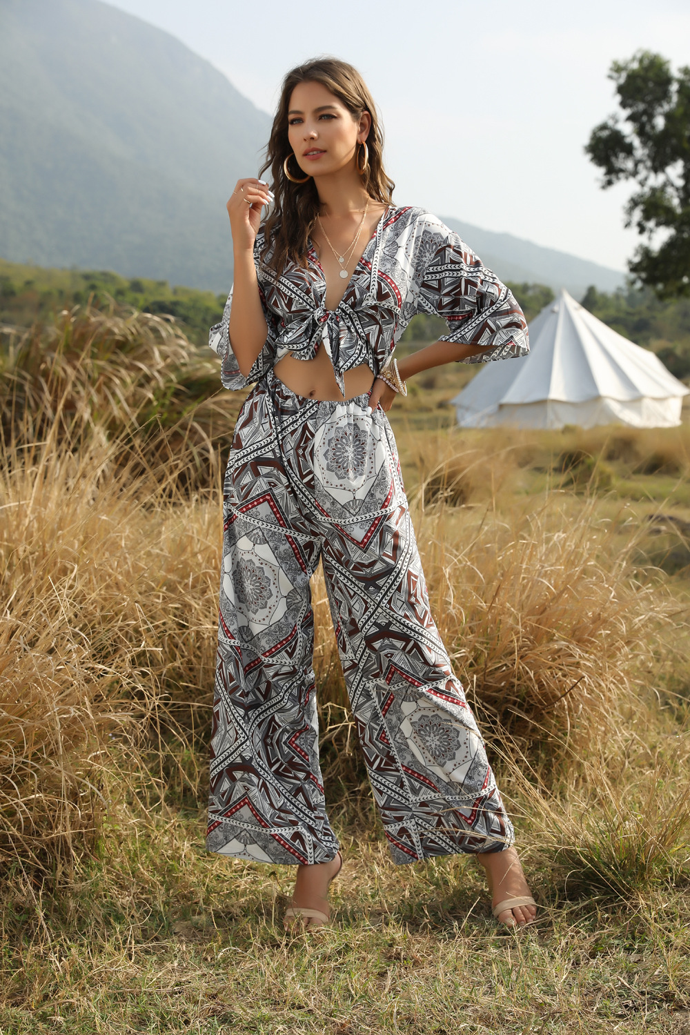 Bohemian jumpsuit women summer new casual printed bow wide leg trousers wholesale NSDF420