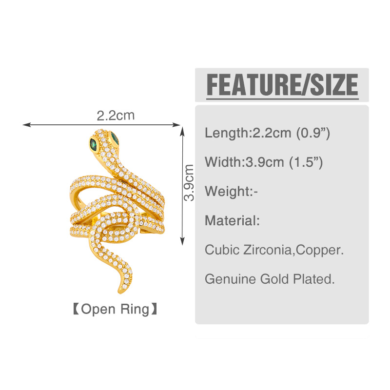 Fashion Wild Snake Ring Micro-inlaid Zircon Open Ring Original Copper Ring Nihaojewelry display picture 2