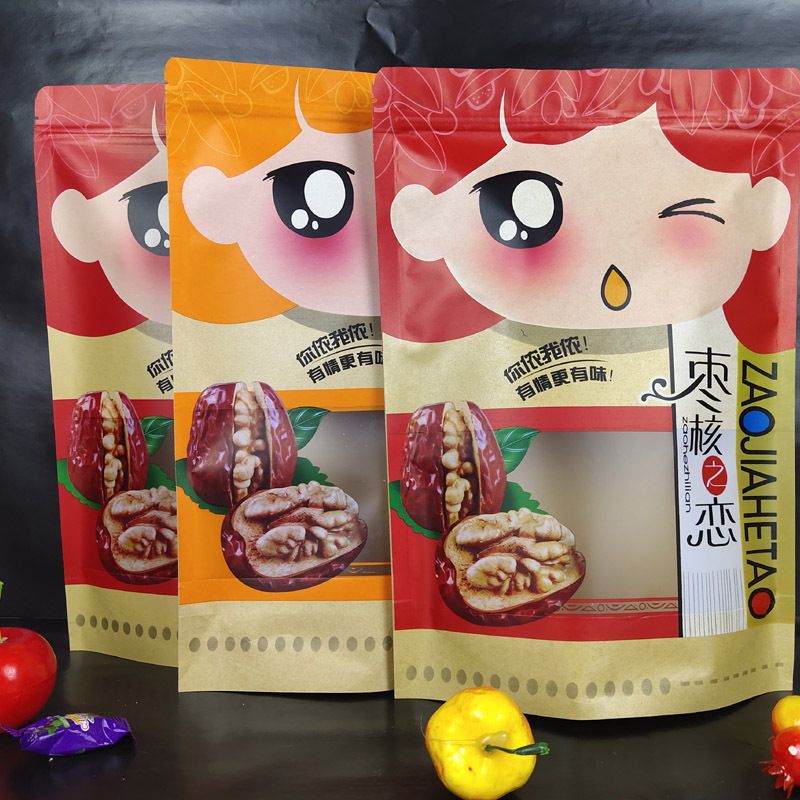 Jujube Kernel Love, jujube Sandwich Walnut, kraft paper window Bag, Snack Food Packaging Bag, Dried Fruit Self-sealing Bag in stock pic 2