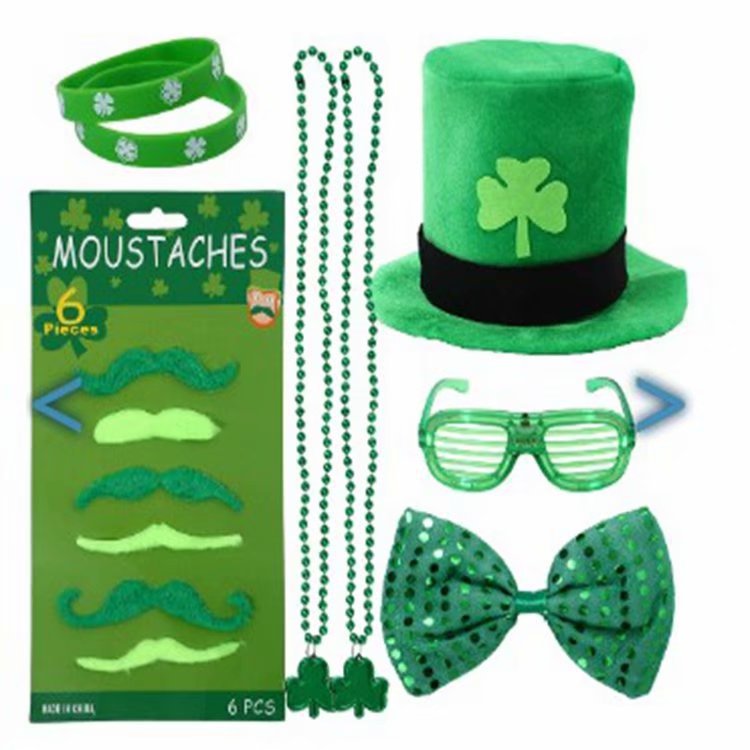 Ventas calientes irlandeses set de calcetines rayados banda de pelo combinación día de San Patricio clover set adornos