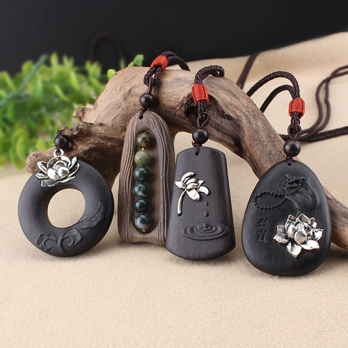 Hollywood-style black sandalwood lotus agate necklace pendant simple versatile cotton linen accessory for men and women Buddha-style necklace