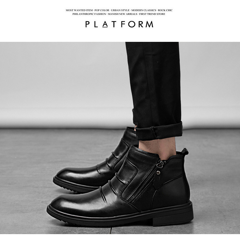 Mittelhohe Lederschuhe, lässige kurze Stiefel, Lederstiefel mit seitlichem Reißverschluss, warme Schneestiefel_voghion.com