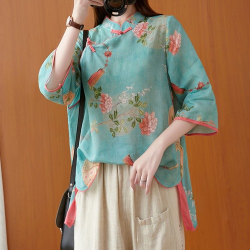 Retro cotton and linen Chinese style printed loose blouse women autumn and summer ramie Short Tea dress zen top