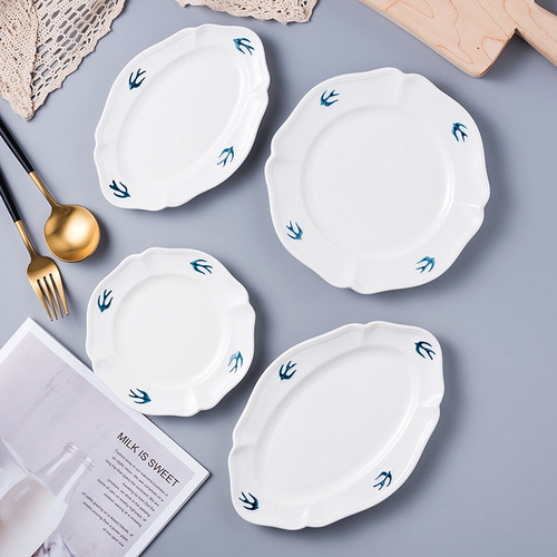 Small and Fresh Ceramic Swallow Plate, Simple Afternoon Tea Dessert Plate, Japanese Tableware Export Engraved Swallow Flat Plate
