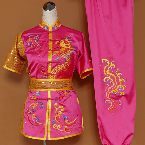 Tai chi clothing chinese kung fu uniforms Wine red martial arts clothing dragon tour all over the world embroidery performance clothing training clothes long boxing students boys and girls custom made