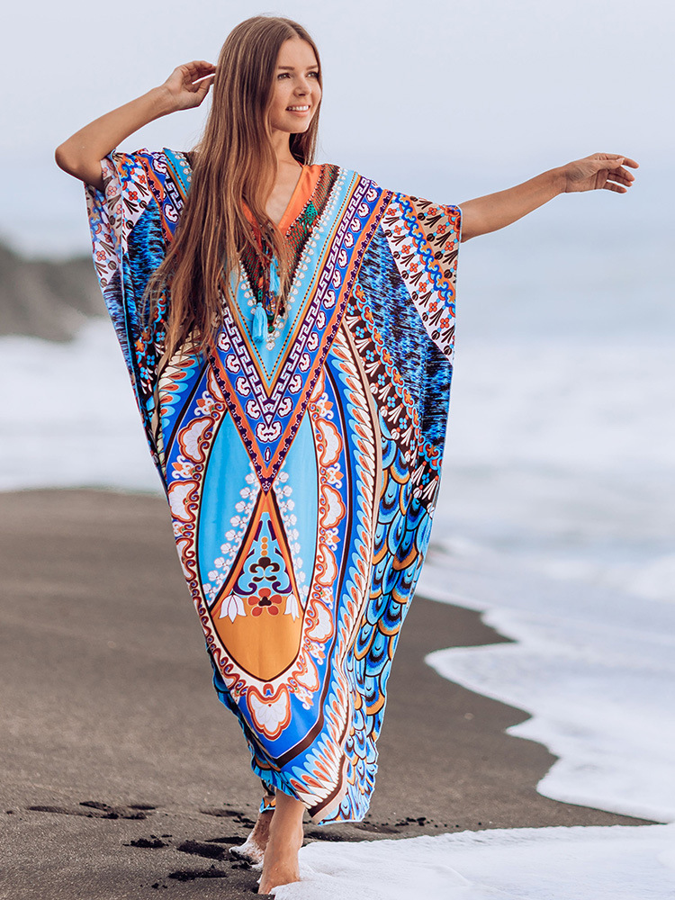 New Cotton Printing Beach Long Skirt Loose Large Size Robe Style Holiday Skirt display picture 2